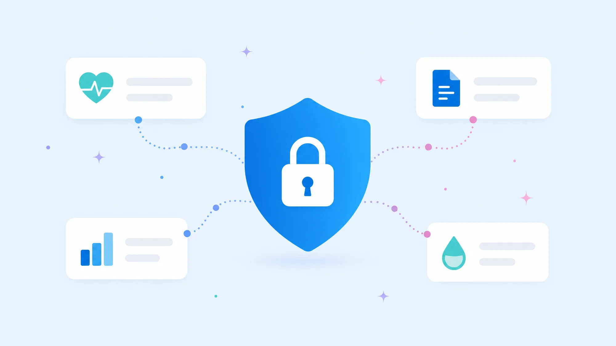 Illustration of secure, encrypted clinical data - a shield and lock over connected health records.