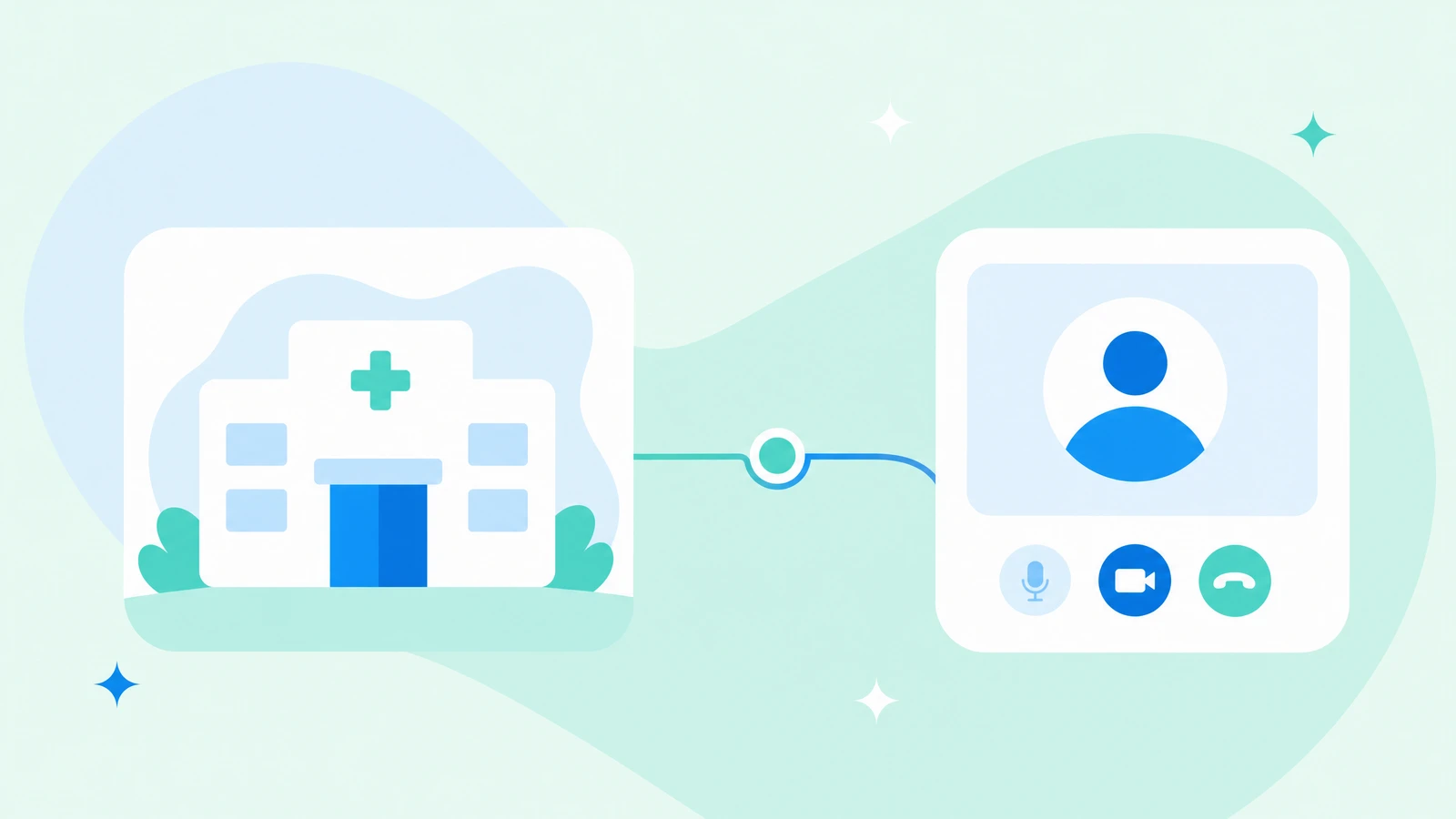 Illustration of a clinician moving seamlessly between an in-clinic visit and a remote video consultation.