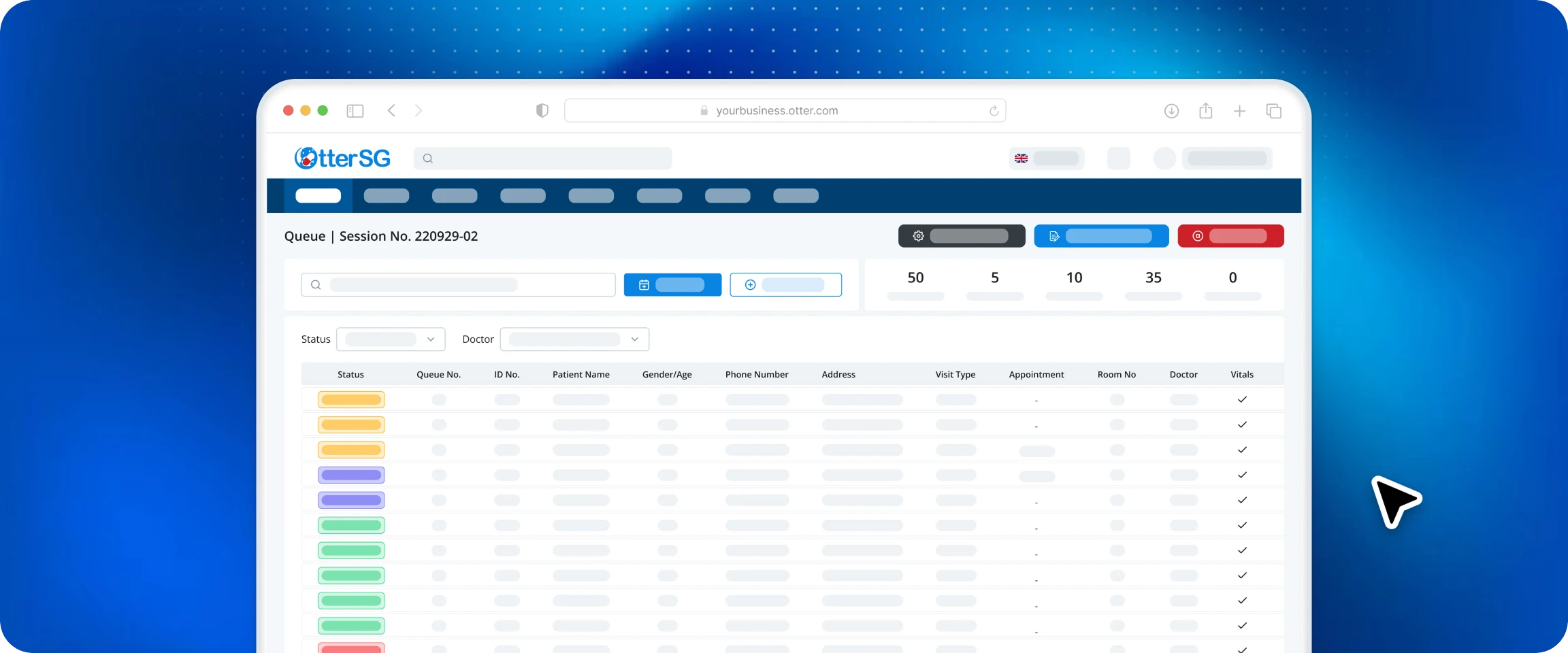 OtterSG clinic management dashboard — patient queue and session management