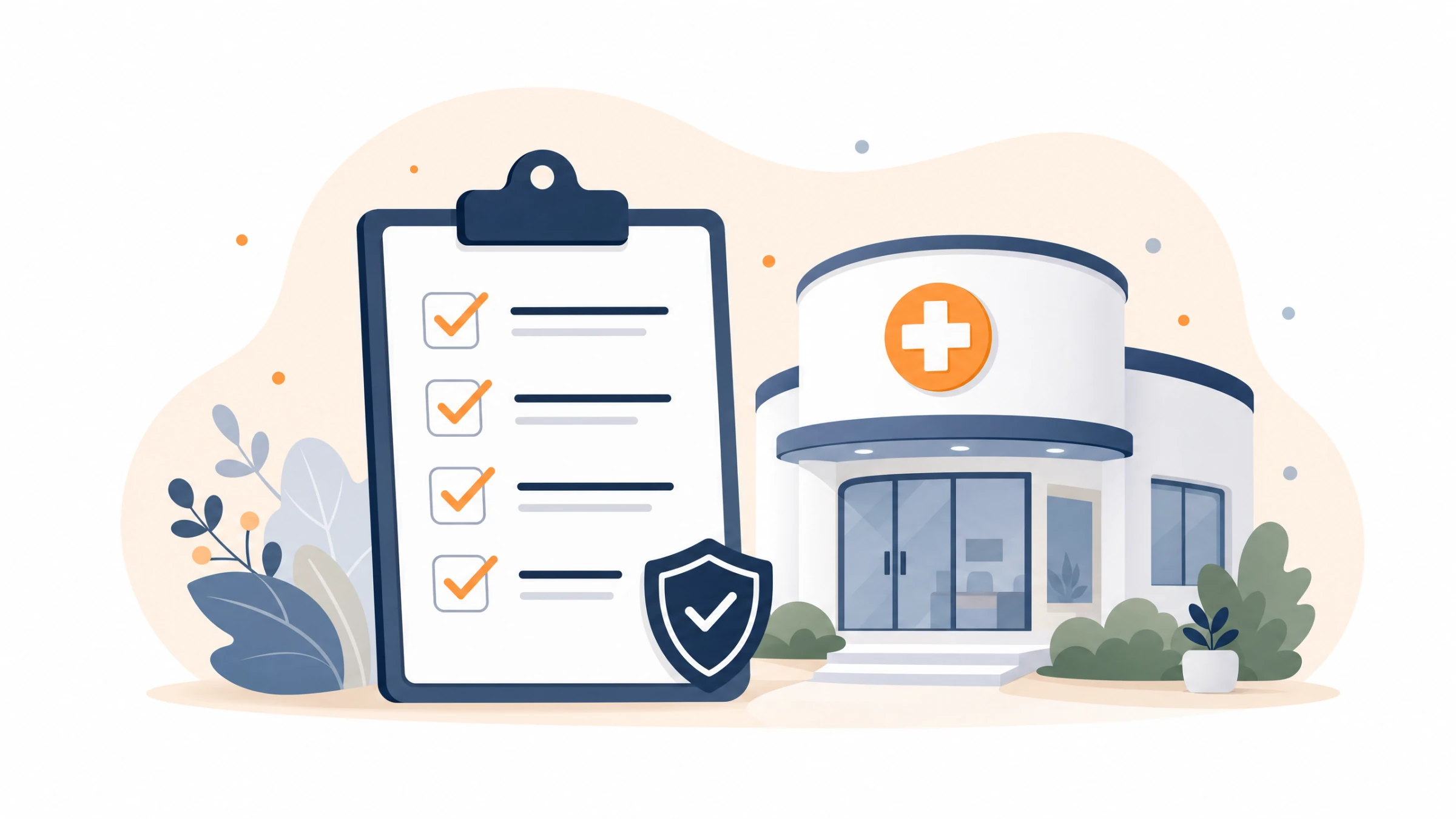 Illustration of a compliance checklist beside a medical shield and clinic
