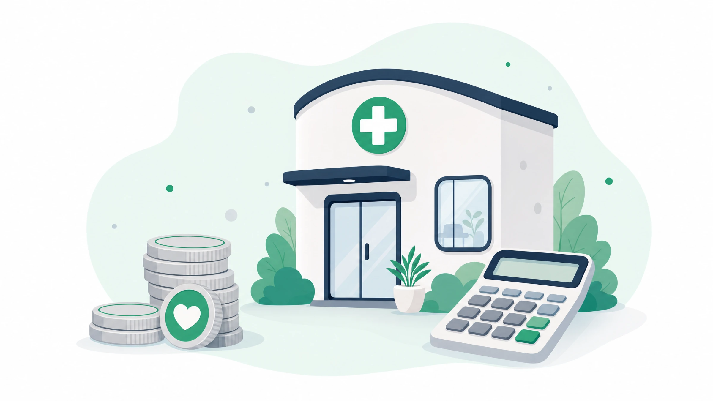 Illustration of coins and a calculator beside a clinic representing compliance costs