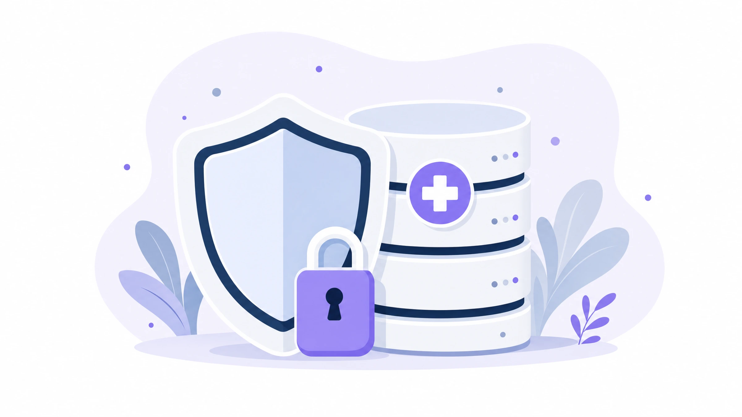 Illustration of a shield and lock protecting a medical database with security icons