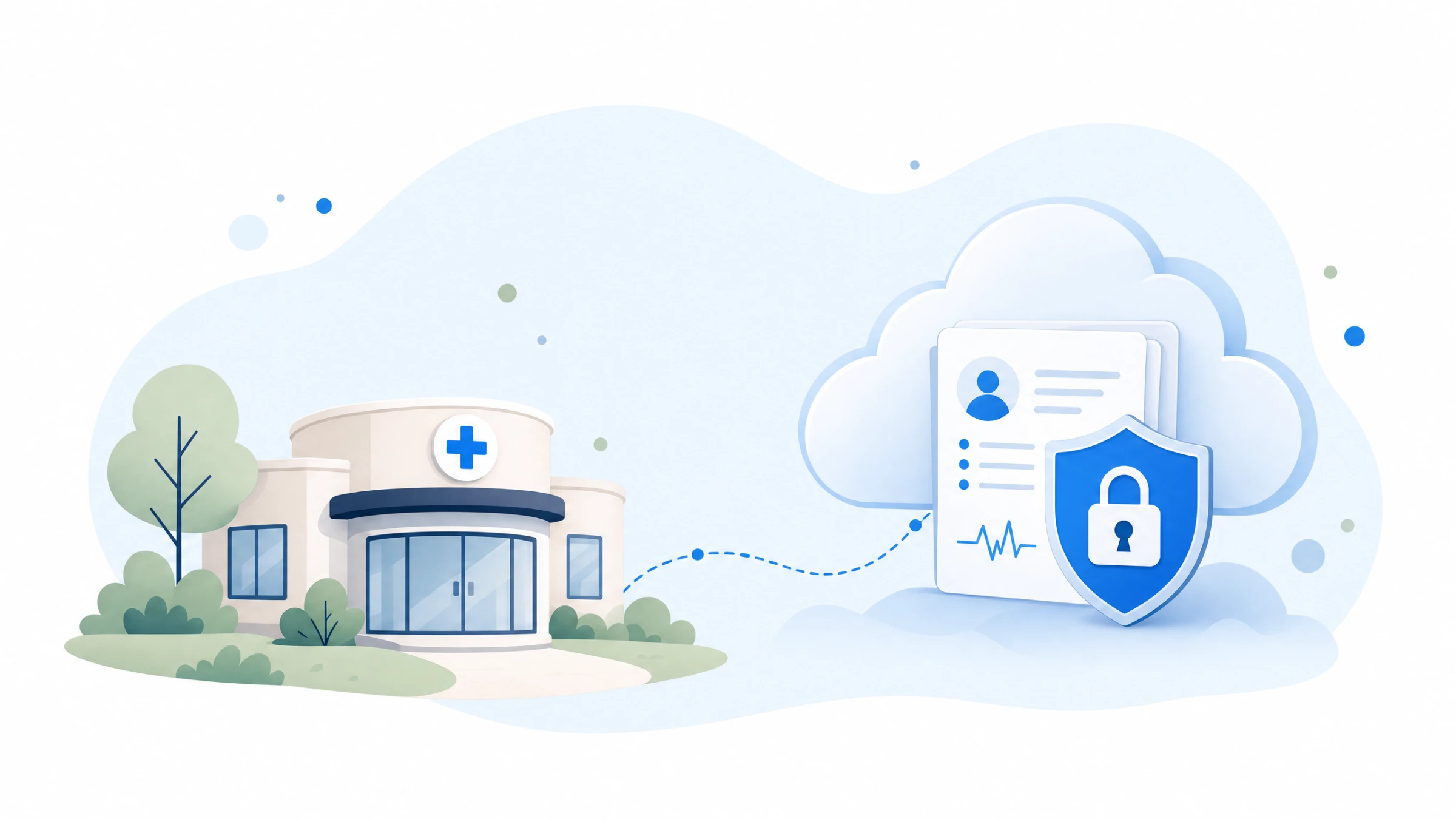 Illustration of a Singapore clinic linked to a secure national health record cloud