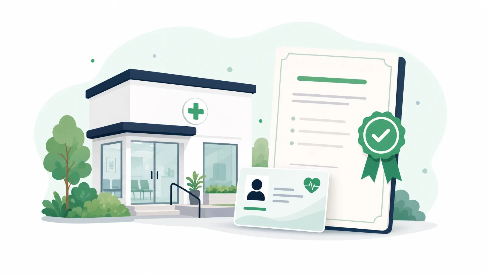 Illustration of a clinic building beside a CHAS accreditation certificate with a ribbon checkmark badge and a patient health-assist card