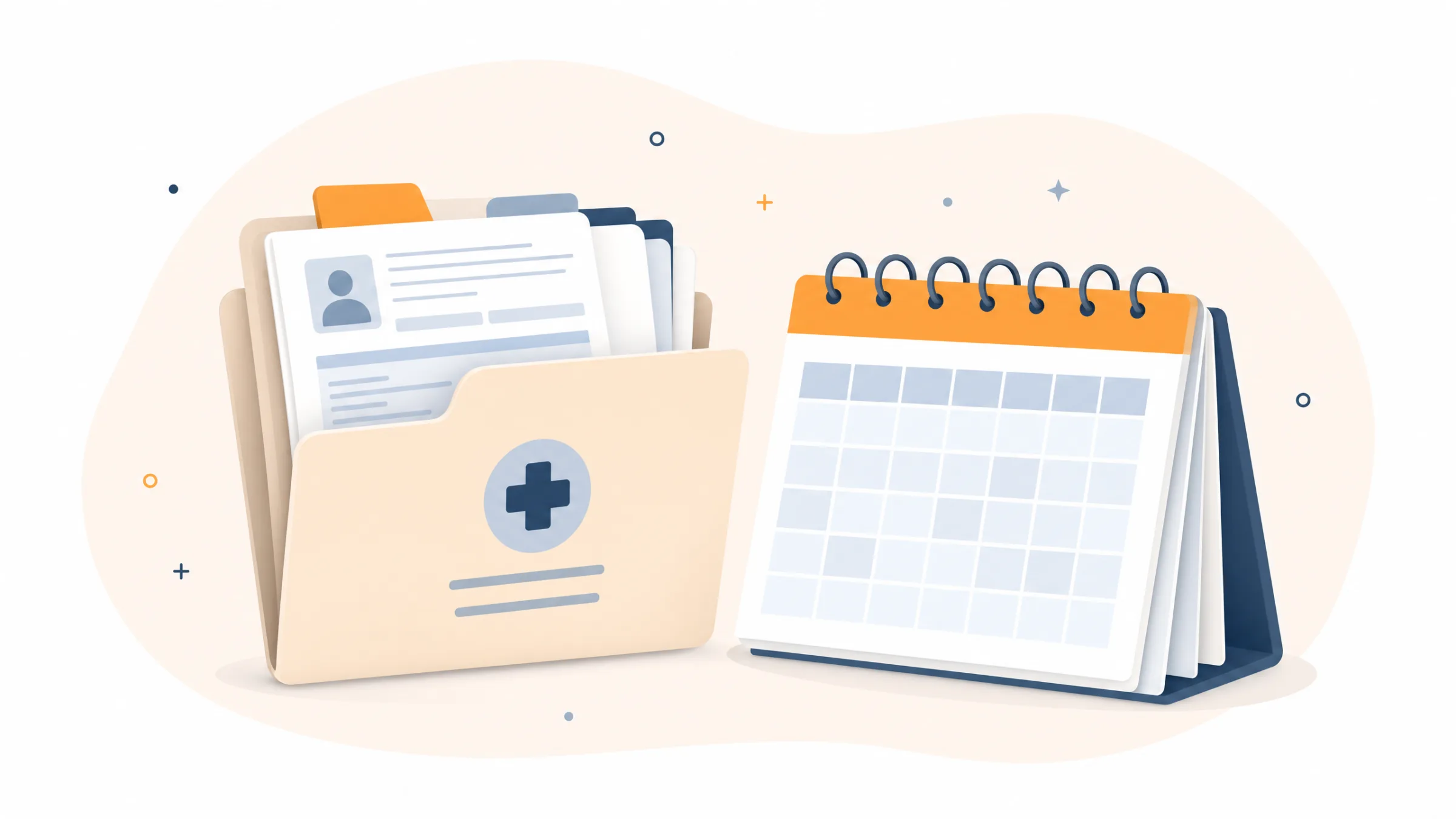 Illustration of a patient file beside a calendar and a secure archive box, showing record retention over time