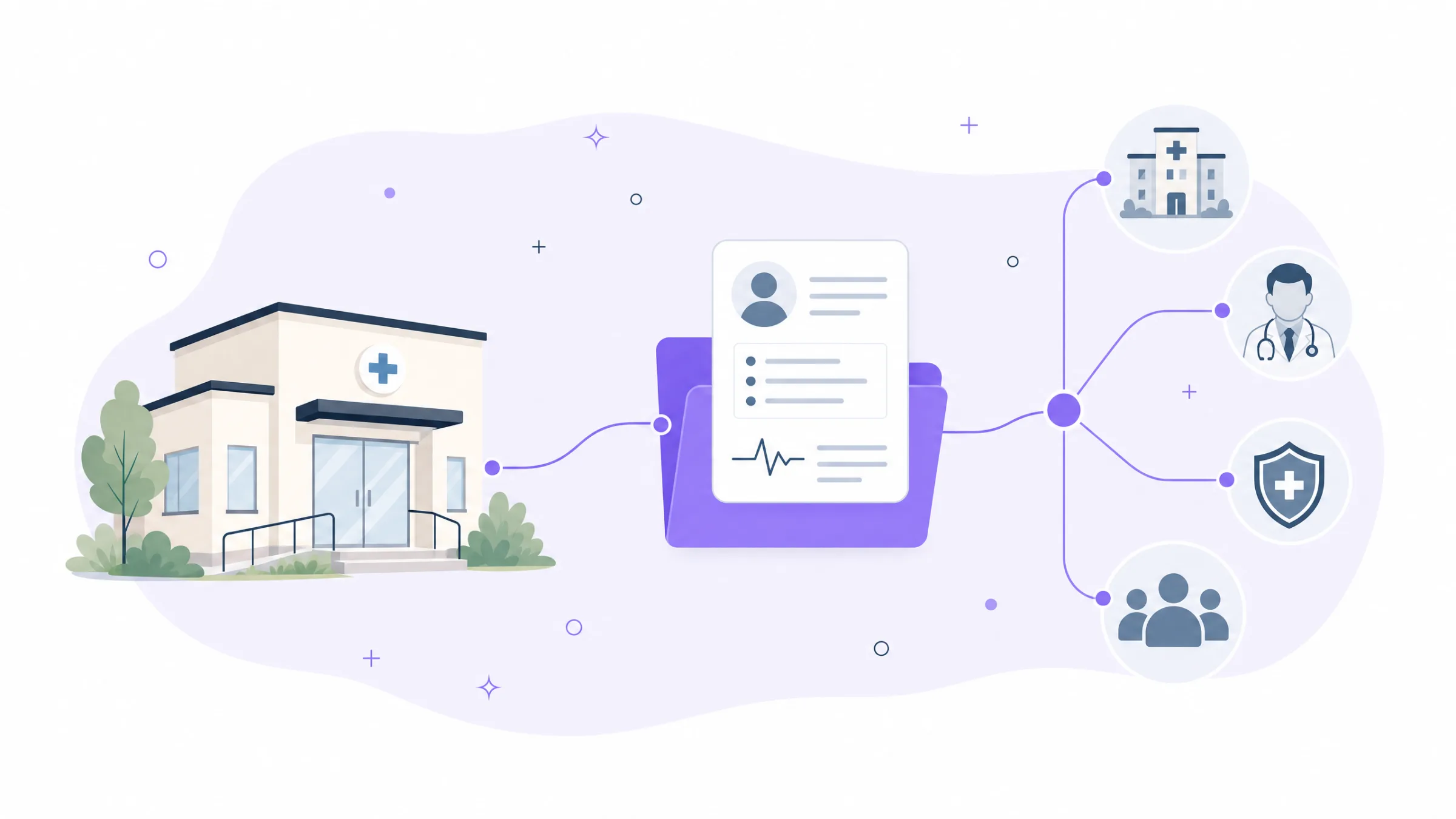 Illustration of a clinic building connecting to a central national health record cloud with a secure data link