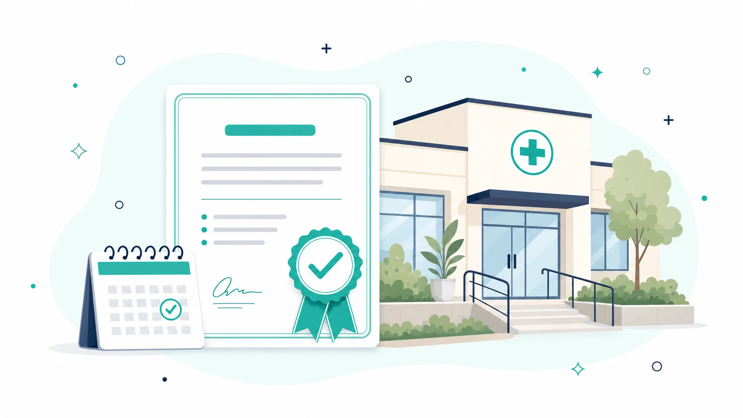 Illustration of a clinic licence certificate being renewed beside a compliance checklist and a small clinic building