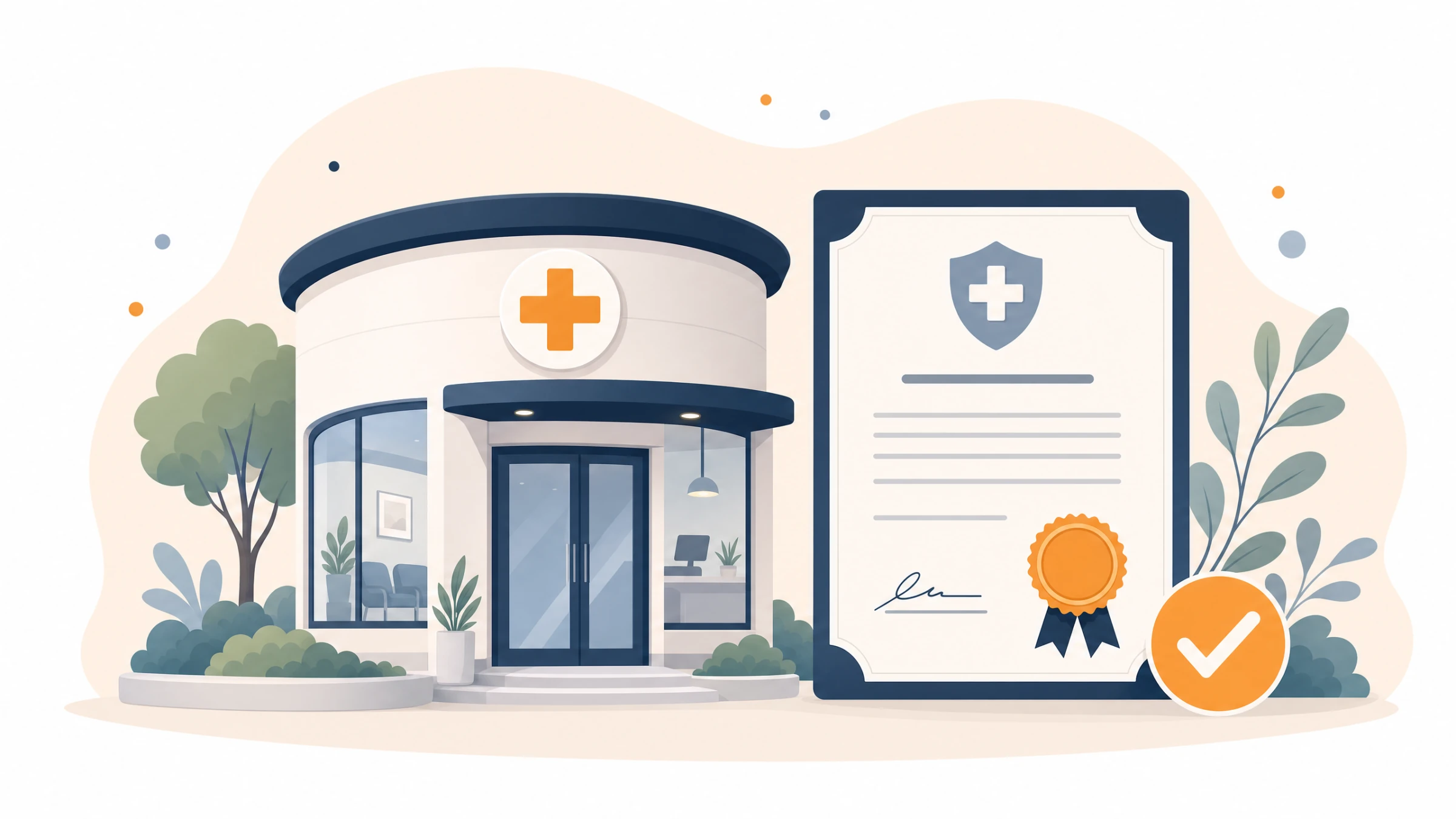 Illustration of a small clinic building beside a licence certificate document
