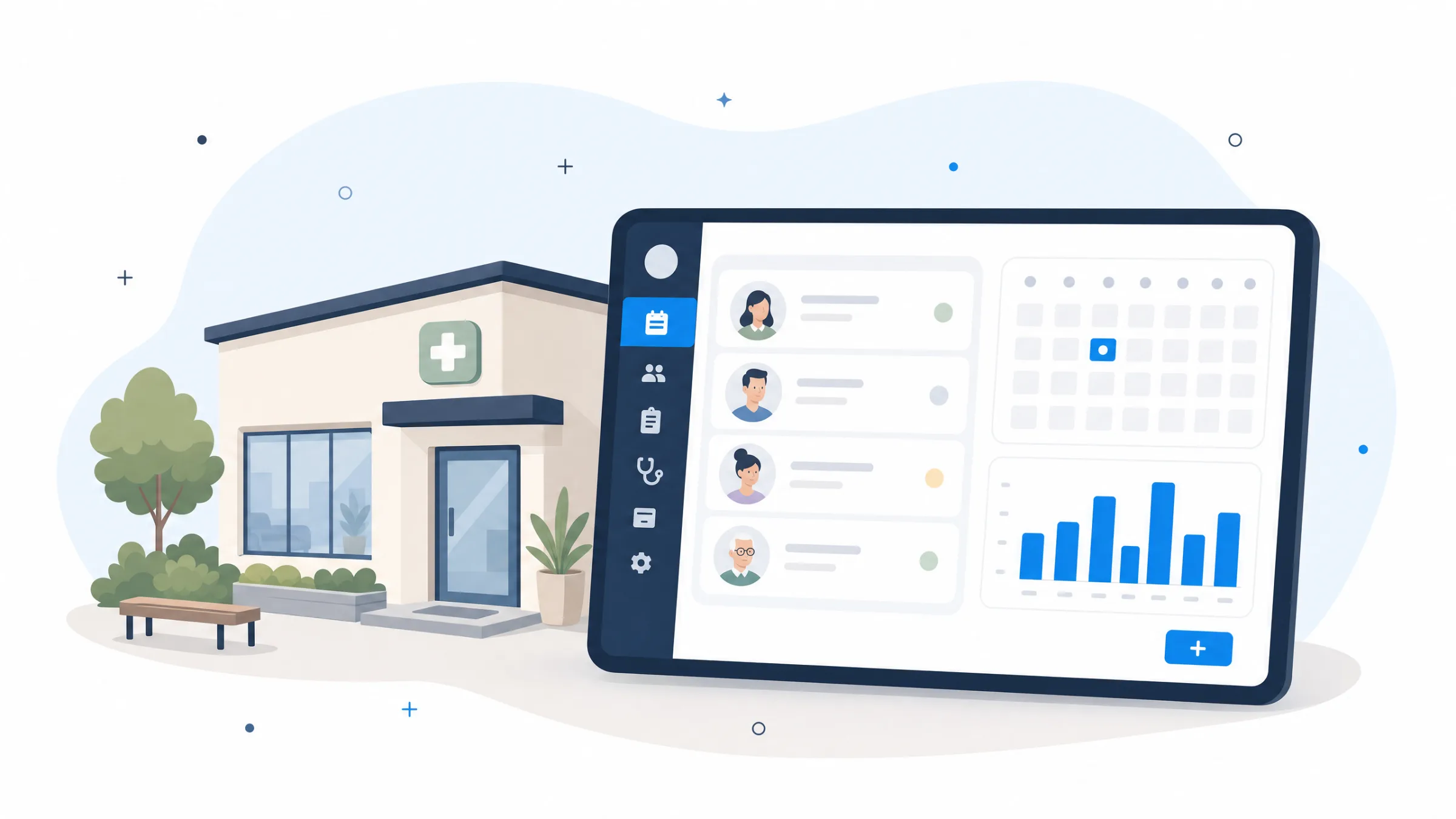 Illustration of a single clinic management system unifying appointments, patient records, billing and prescriptions